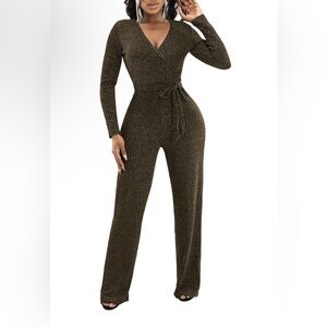 2XL Gold Ribbed Knit Jumpsuit Tie Waist Long Sleeve Stretch Glam Black Gold